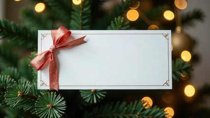 Mockup design of gift card or certificate decorated with red bow with empty place for text on the Christmas tree lights background. Invitation card. Business card with copy space. New year postcard.