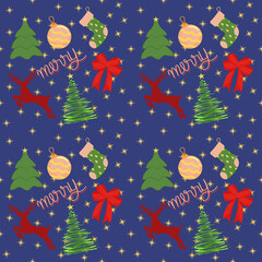 Colorful flat icons with christmas element on a blue background.Winter holiday seamless pattern.

