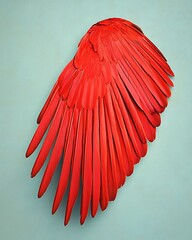 Obraz premium Exquisite scarlet bird wing art concept, Vivid Red Feathered Wing Isolated Against Soft Turquoise Background