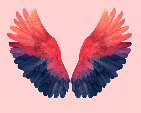 Exquisite scarlet bird wing art concept, Vibrant Abstract Wings in Red and Blue against a Pink Background
