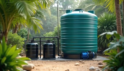Naklejka premium Modern rainwater harvesting system stands outdoors. Large green storage tank collects rain. Two black filtration units purify liquid. Blue pump distributes water. Eco-friendly tech provides