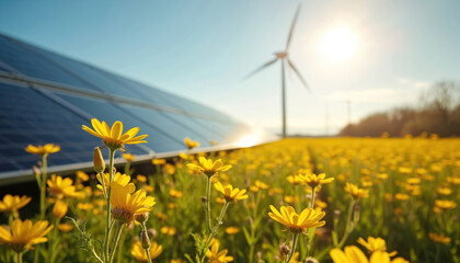 Solar panels, wind turbine in yellow flower field under sun. Clean electricity from renewable sources like sun, wind. Sustainable green energy production eco friendly concept. Shows harmony between
