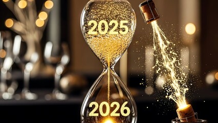 Celebrating the New Year 2026 with Champagne and Hourglass.