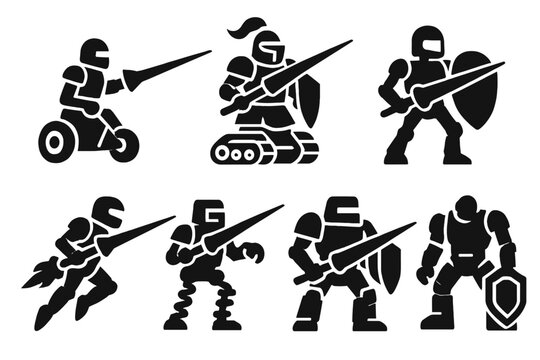 Jousting Robot Icons. Solid style icons of jousting robots design: wheeled robot with lance, tracked bot in armor, bipedal droid