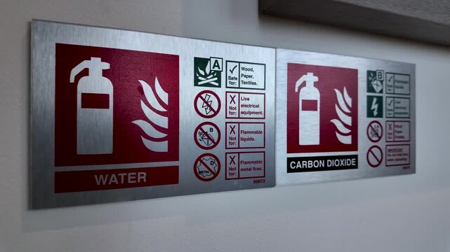 Fire Extinguisher And Carbon Dioxide Information Signs Mounted On Wall For Safety And Emergency Preparedness In Commercial Building.