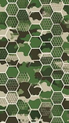 Modern camouflage pattern overlaid with a geometric honeycomb design