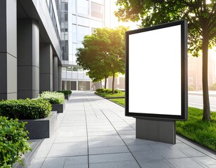 Modern city scene showcasing blank billboard, architecture, and green foliage