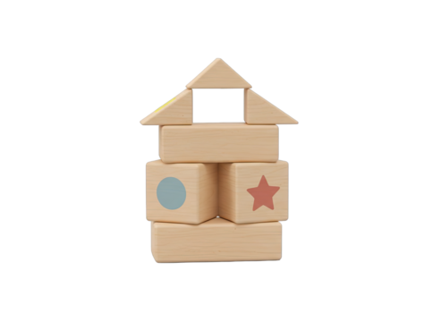 3D Rendered Light Brown Wooden Building Blocks Stacked In A House Shape With Simple Geometric Shapes On A Transparent Background