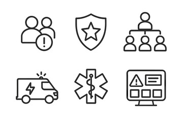 Crisis Response Icons. Line style icons of crisis response team: team activation icon, emergency leadership badge, specialist role