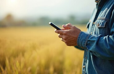 Elderly farmer hands hold smartphone, texting in golden crop field outdoors. Man uses mobile device for modern agri business management, daily farm planning. Rural person connects with tech to manage