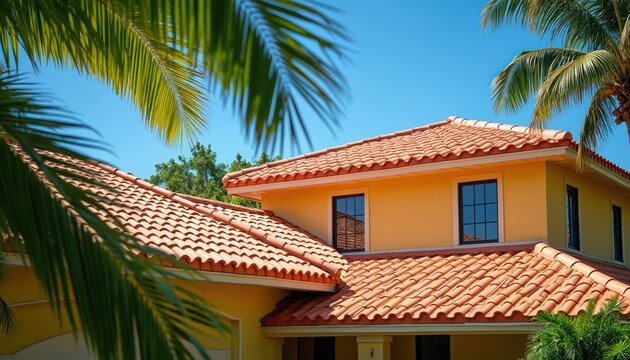 Residential home exterior with barrel tile roof. Blue sky over modern house with palms. Luxury upscale home in sun. Posh real estate showcases housing design in tropical style.