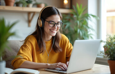 Smiling woman wearing headphones talks via video call on laptop. She works remotely from home, attends online lesson or business meeting. Freelancer communicates with clients using computer, headset.
