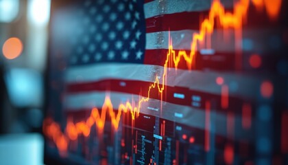 United States flag overlays digital financial market graph. Bright red, orange lines show stock trends, economy data, business growth, recession. Image American finance, national wealth, global