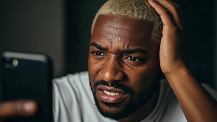 A man looking at his phone with a stressed expression, ideal for content about stress, anxiety, or personal challenges