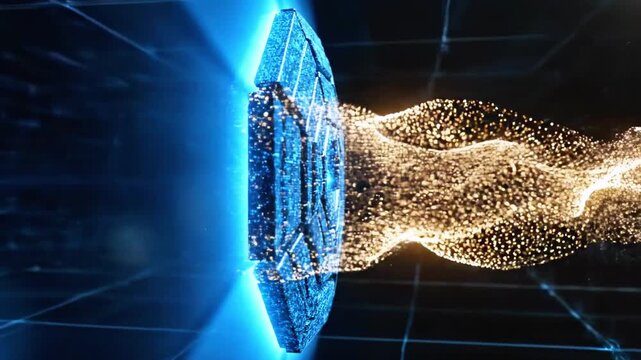 A faceted, metallic, octagonal form bursts with blue light, releasing a golden energy wave