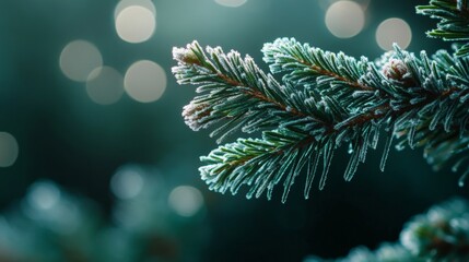 A close-up of frost-covered fir needles illuminated by soft morning light, showcasing a serene winter nature scene with a dreamy bokeh background.