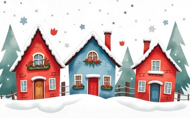 Fototapeta premium Christmas houses winter snow watercolor texture set clip art white red blue New Year holidays Thanksgiving 2026 2027 children template greeting card. High quality