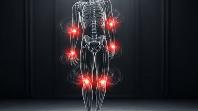Human skeleton with joint pain highlighted in red against a dark background in a medical illustration