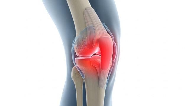 Illustration of a human knee joint with red highlights indicating pain or inflammation for medical use