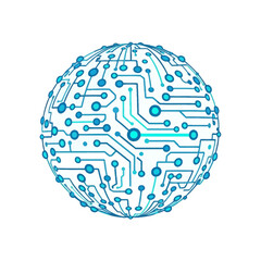 Circuit sphere in blue representing digital technology and networks