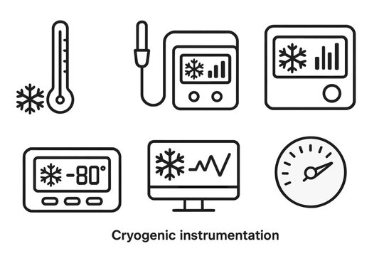 Cryogenic Instrument Icons. Line style icons of cryogenic instrumentation: ultra-low thermometer, temperature probe symbol, cryo