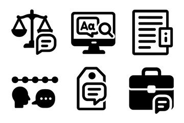 Forensic Linguistics Icons. Line style icons of Forensic Linguistics: linguistic courtroom tools, analysis software icon,