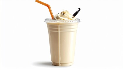 Plastic glass filled with vanilla milkshake and straw on a white backdrop