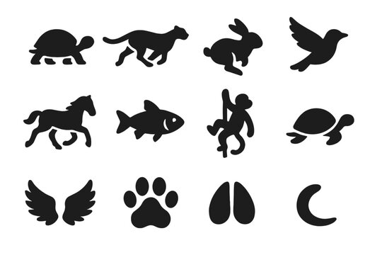 Animal Movement Icons. Solid style icons of animal locomotion types: walking, running, jumping, flying, galloping, swimming,