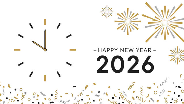 Happy new year 2026 with clock and confetti