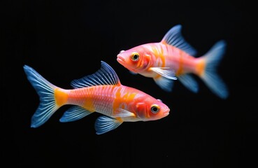 Obraz premium Two pink zebra danio glofish swim on dark background. Fish have orange stripes, translucent fins. These freshwater animals are popular pets for home aquariums collection.