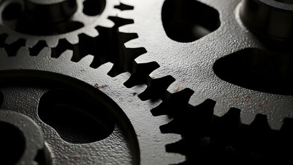 Close-up Macro Shot of Interlocking Metal Gears in Dark Tones, Symbolizing Industrial Engineering, Mechanical Power, Teamwork, and Complex System Integration
