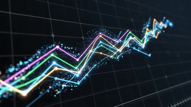 Colorful glowing line graph with digital particles on dark background showing data growth trend and futuristic analysis of rising trend and positive digital growth in technology and finance
