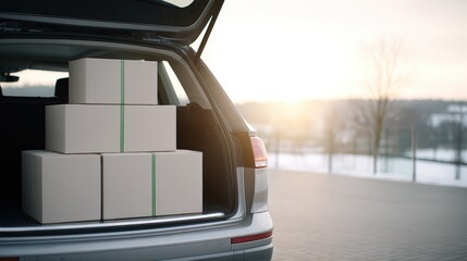 Packed cardboard boxes stacked in the trunk of a car, ready for moving house, with a soft sunset glow illuminating the scene and creating a warm atmosphere