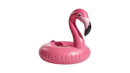 A vibrant pink inflatable flamingo pool float, ready for summer fun and tropical relaxation, isolated on a transparent background. background removed