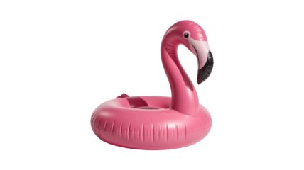 A vibrant pink inflatable flamingo pool float, ready for summer fun and tropical relaxation, isolated on a transparent background. background removed