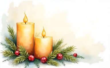 Watercolor Art of Golden Candles and Foliage in Festive Christmas Scene. Concept of Holiday Spirit, Winter Celebration, Festive Decorations. Copy Space. High quality