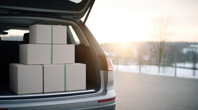 Packed cardboard boxes stacked in the trunk of a car, ready for moving house, with a soft sunset glow illuminating the scene and creating a warm atmosphere - Powered by Adobe