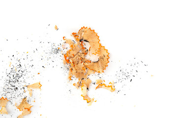 Sharpening pencils isolated. Yellow wooden graphite pencils with erasers, pencil shavings