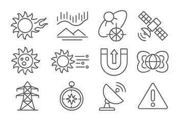 Fototapeta premium Space Weather Icons. Line style icons of Space Weather: Solar Flare, Aurora, Geomagnetic Storm, Satellite Disruption; Sunspot,