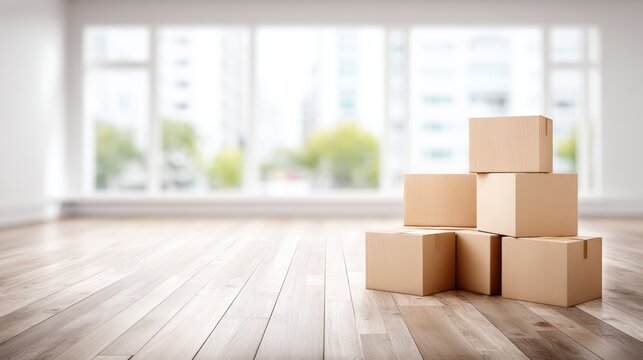 Stacked cardboard boxes in a bright, empty room with large windows, showcasing a modern interior design concept for moving house and new beginnings