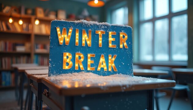 A classroom sign reads Winter Break in illuminated letters. Snow covers desks. School is empty during cold winter holiday vacation. Education resumes after break.