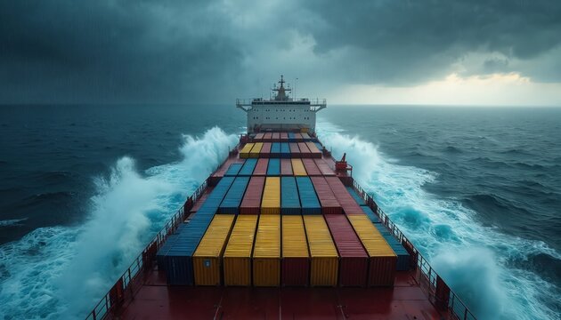 Container ship sails in rough sea. Vessel transports cargo on ocean waves. Stormy weather, logistics. Global trade faces challenges during transportation. Blue sea shipping industry, freight under