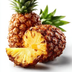 Fresh Pineapple Still Life with Slice and Whole Fruit on White Background