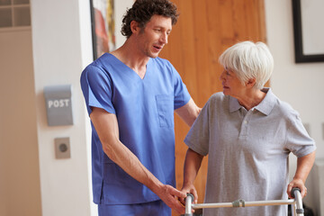 Physiotherapy, support or old woman in house with walker, checkup or healing in rehabilitation....