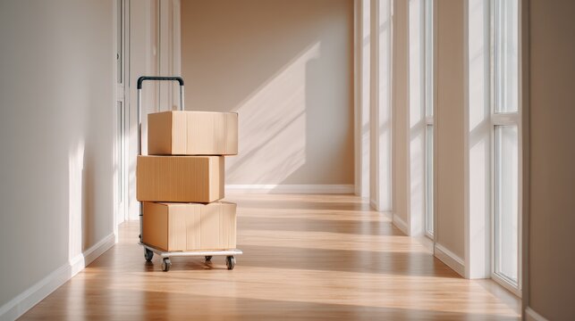 Stacked cardboard boxes on a wheeled cart in a sunlit hallway, showcasing the moving house concept with warm wooden flooring and bright natural light