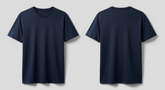 Front and back view of a plain navy blue tshirt on a neutral background