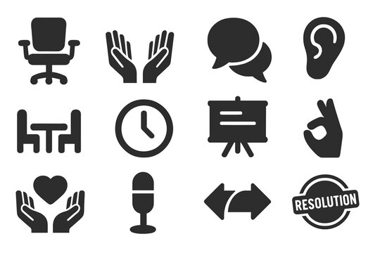 Mediation Techniques Icons. Solid style icons of Mediation Techniques: mediator chair, open hands, dialogue bubble, listening ear,