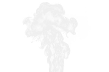 Realistic White Smoke, Fog, Gas or Vape Isolated on Transparent Background. Rising Steam Texture Overlay. Graphic Design VFX Element for Emulating Cigarette, Pipe, Pot boiling or Pollution Process. © smishura