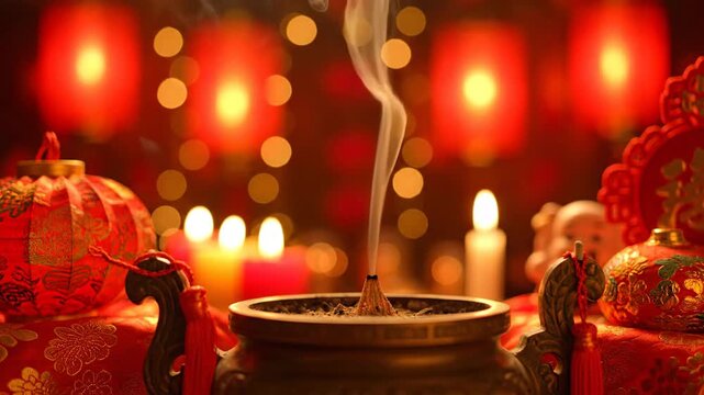 Vibrant red lanterns and incense burners celebrating traditional cultural