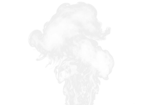 Realistic White Smoke, Fog, Gas or Vape Isolated on Transparent Background. Rising Steam Texture Overlay. Graphic Design VFX Element for Emulating Cigarette, Pipe, Pot boiling or Pollution Process.